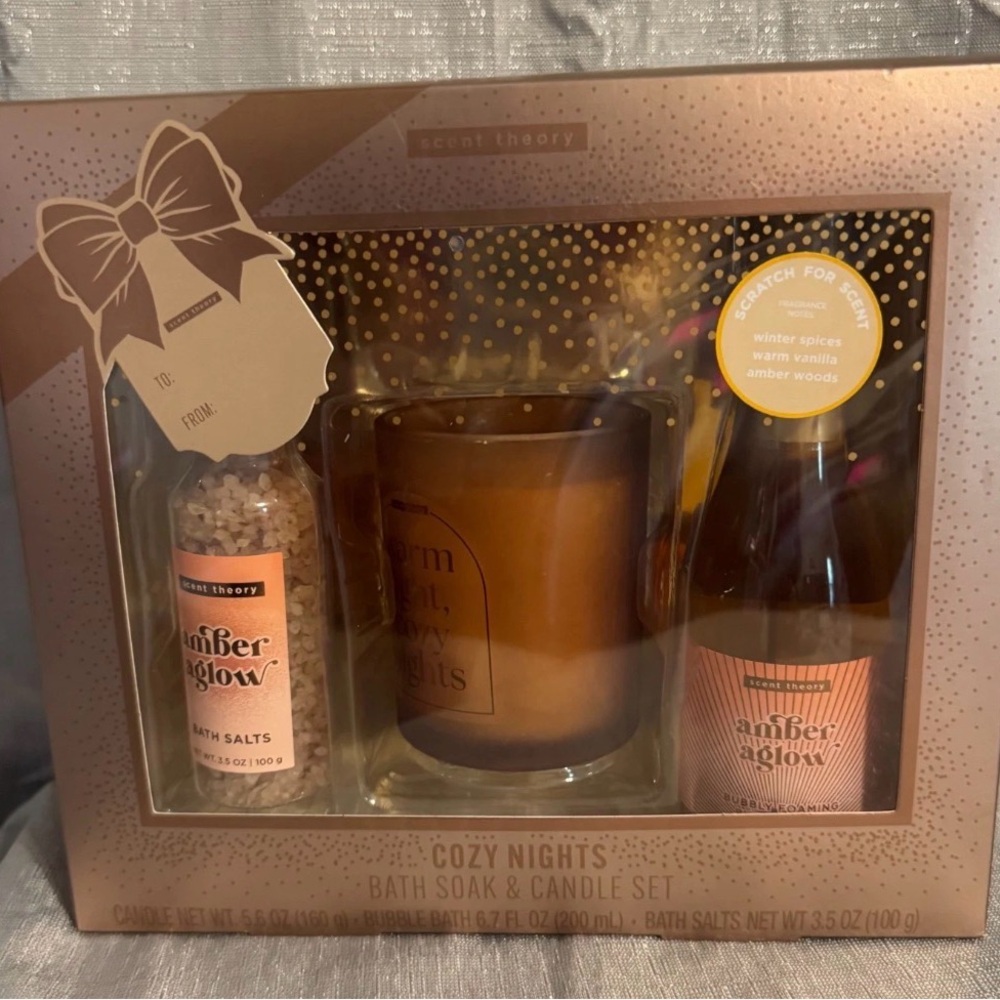 NEW Scent Theory Cozy Nights 3-Piece Bath Soak Salts & Candle Gift Set Holiday